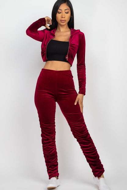 Vibe Check Front Zip Up Jacket &amp; Ruched Velour Pants Set