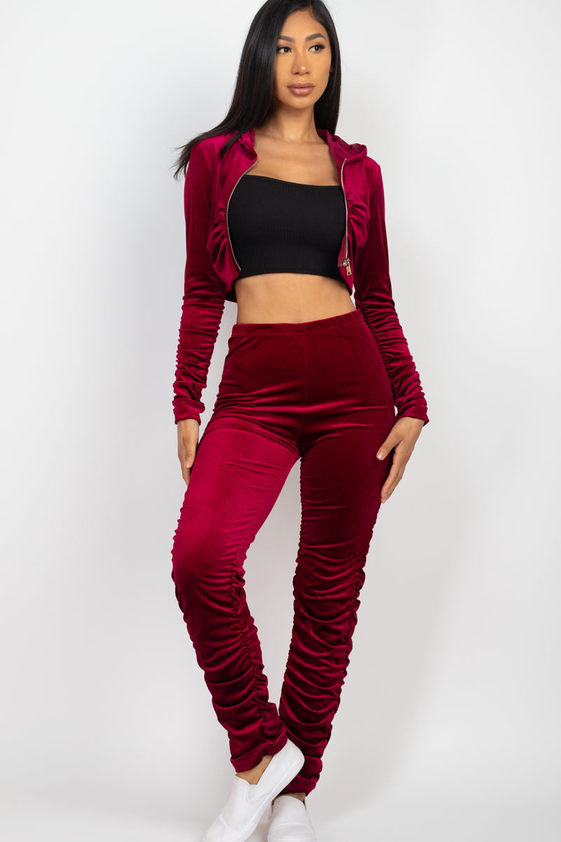 Vibe Check Front Zip Up Jacket &amp; Ruched Velour Pants Set