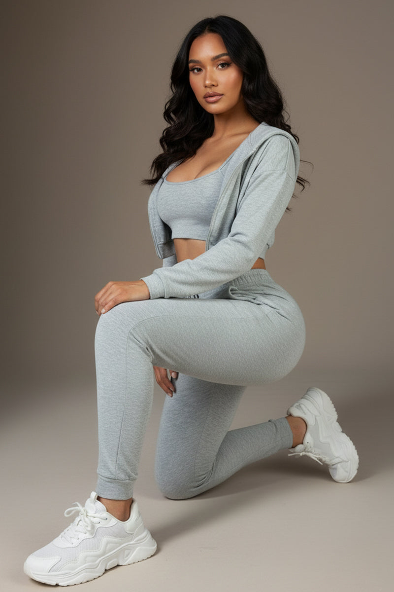 Casual Basics Cropped Jacket, Cami & Joggers 3 Piece Lounge Set