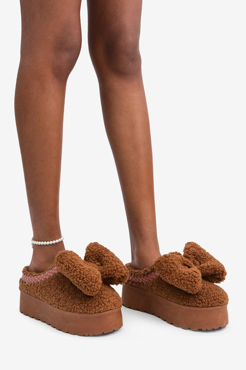 Bella Chic Bow Detail Round Toe Plush Faux Shearling Slippers