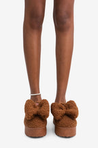 Bella Chic Bow Detail Round Toe Plush Faux Shearling Slippers