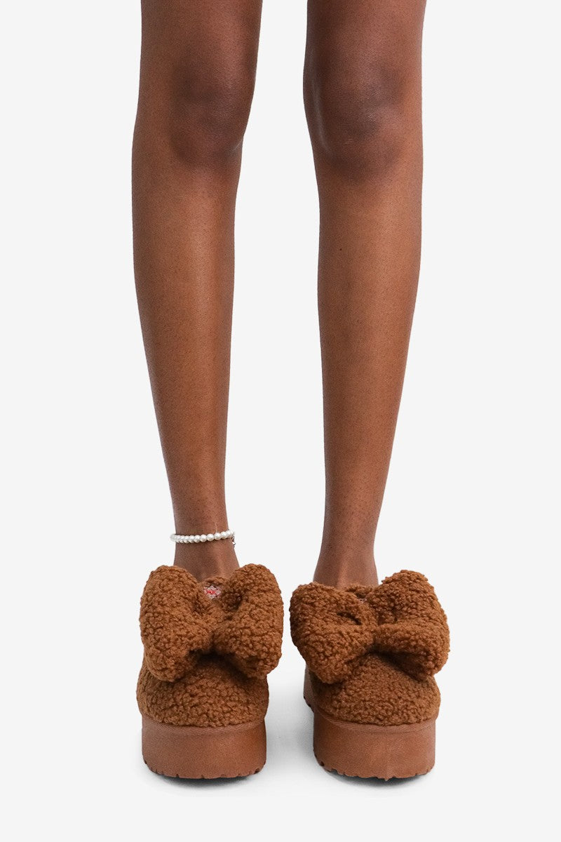 Bella Chic Bow Detail Round Toe Plush Faux Shearling Slippers