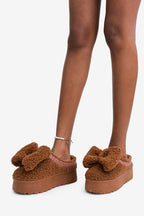 Bella Chic Bow Detail Round Toe Plush Faux Shearling Slippers