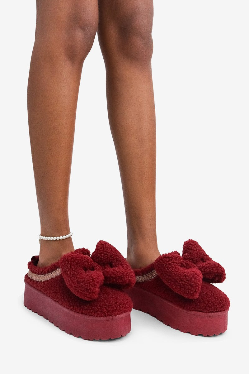 Bella Chic Bow Detail Round Toe Plush Faux Shearling Slippers