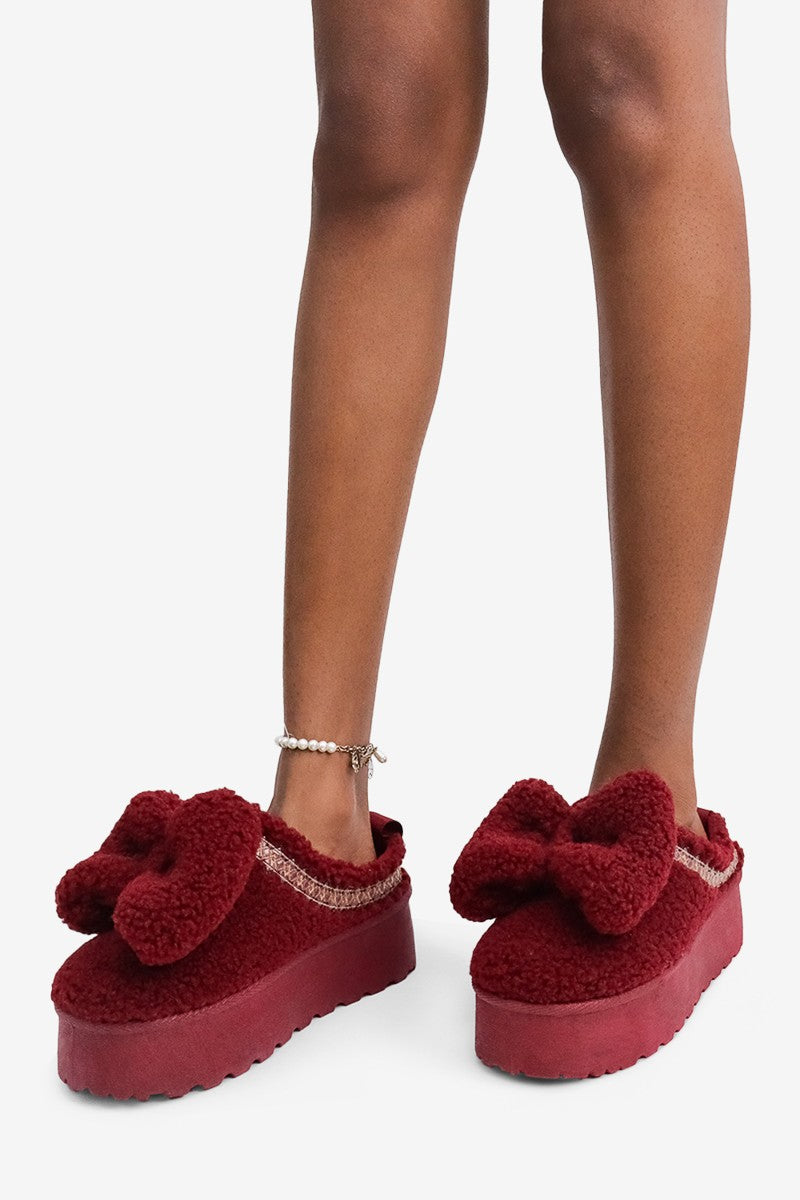 Bella Chic Bow Detail Round Toe Plush Faux Shearling Slippers