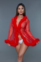 Penthouse Marabou Fur Trim Sheer Open Front Short Robe