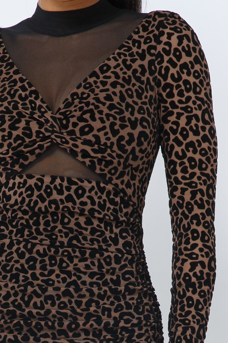Neya Long Sleeve Leopard Print Mock Neck Mini Dress