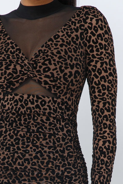 Neya Long Sleeve Leopard Print Mock Neck Mini Dress