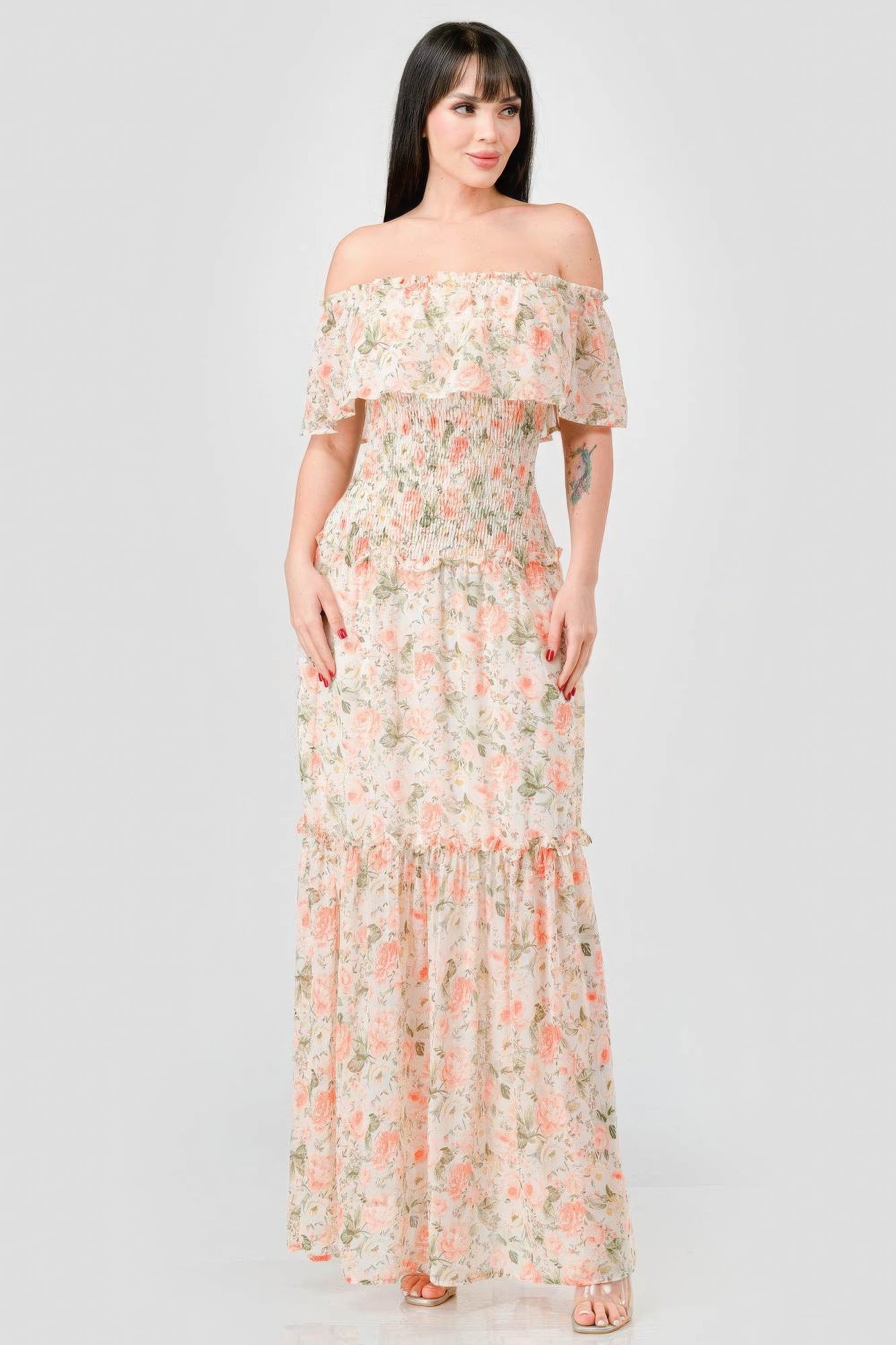 Nirvana Off Shoulder Ruffled Tiered Maxi Dress