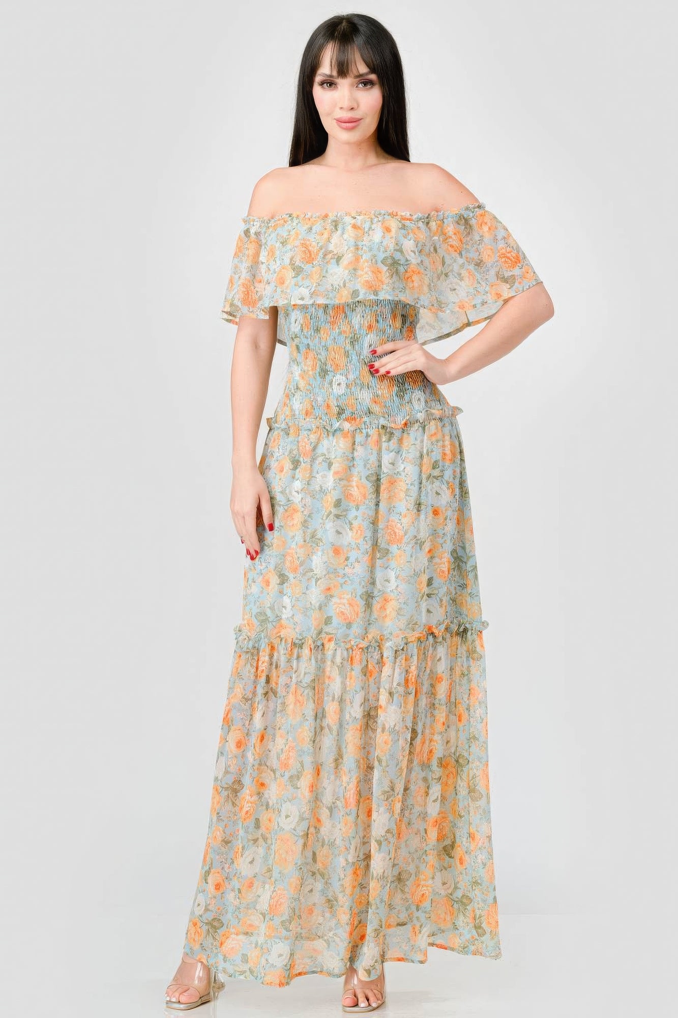 Nirvana Off Shoulder Ruffled Tiered Maxi Dress