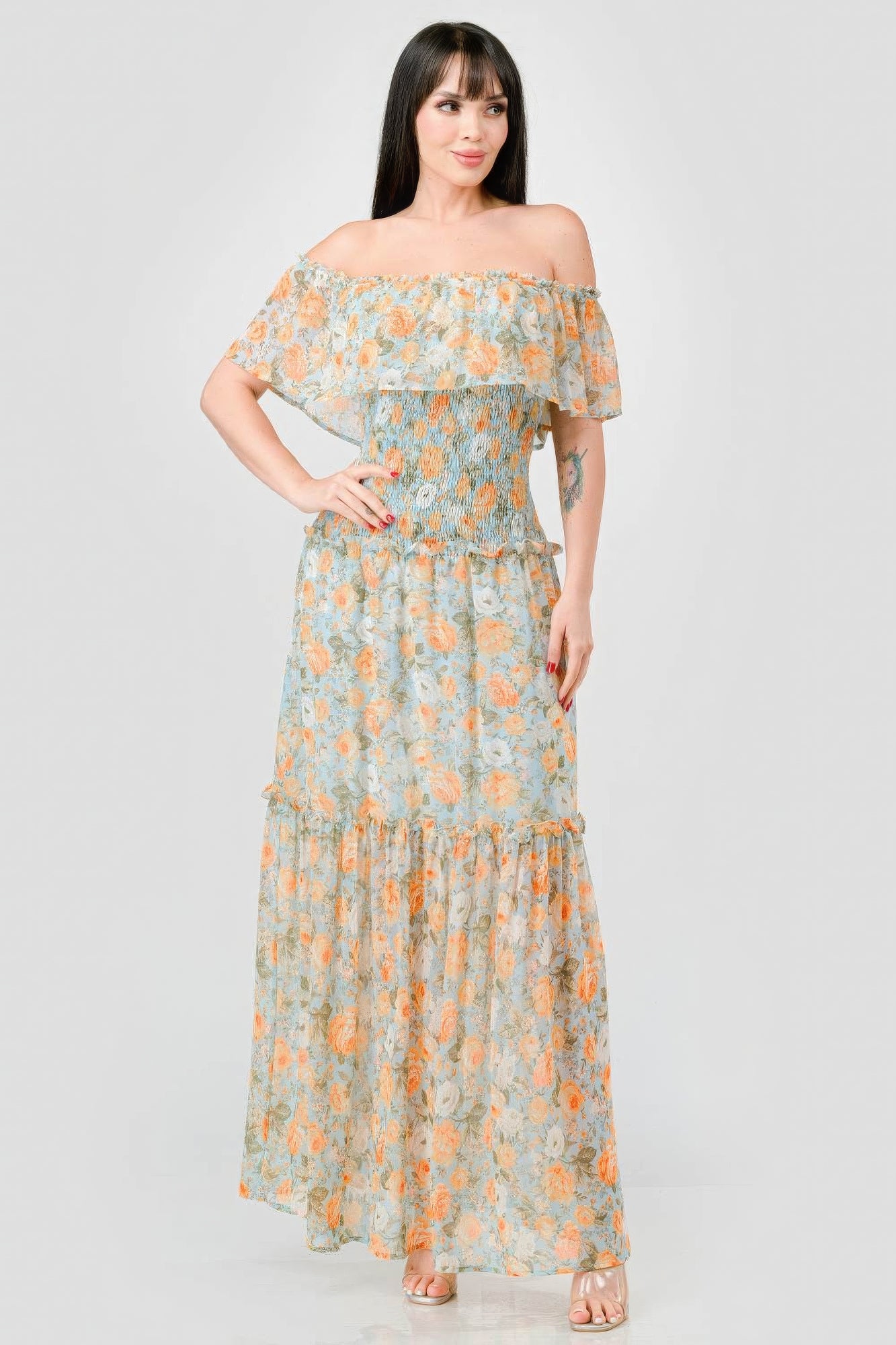 Nirvana Off Shoulder Ruffled Tiered Maxi Dress