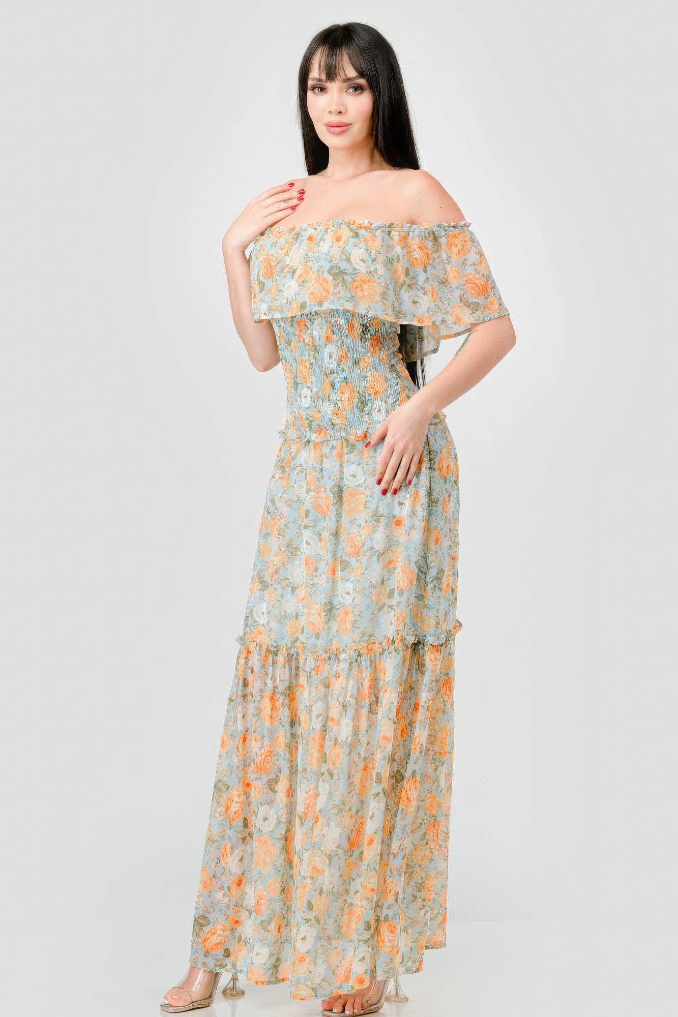 Nirvana Off Shoulder Ruffled Tiered Maxi Dress