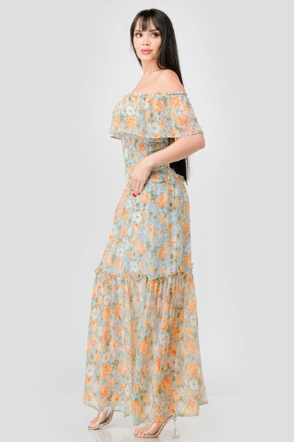 Nirvana Off Shoulder Ruffled Tiered Maxi Dress