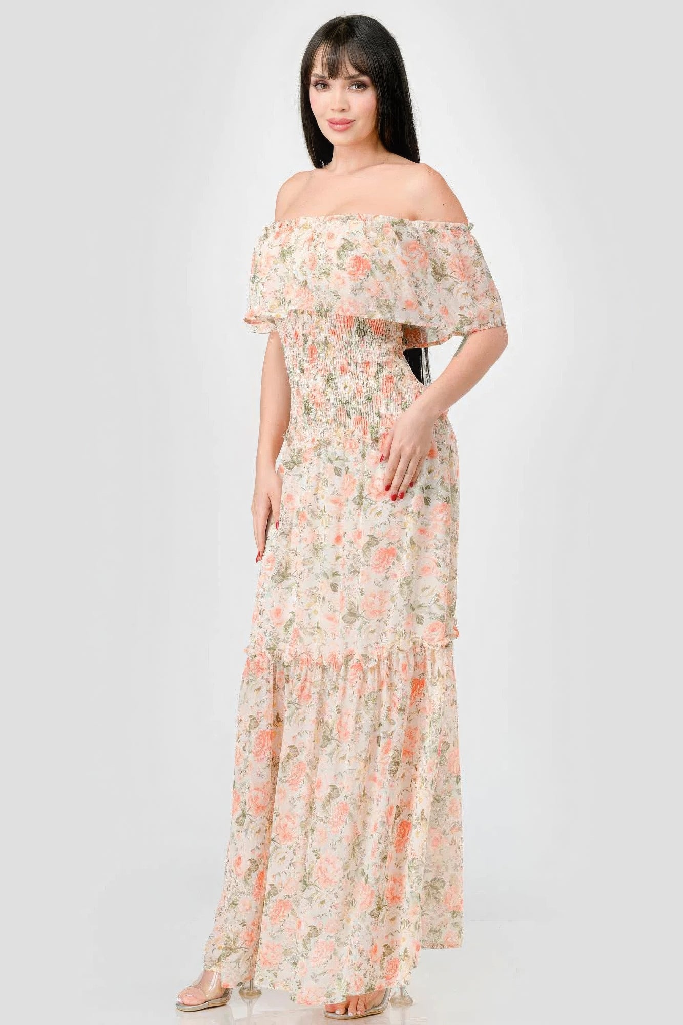 Nirvana Off Shoulder Ruffled Tiered Maxi Dress