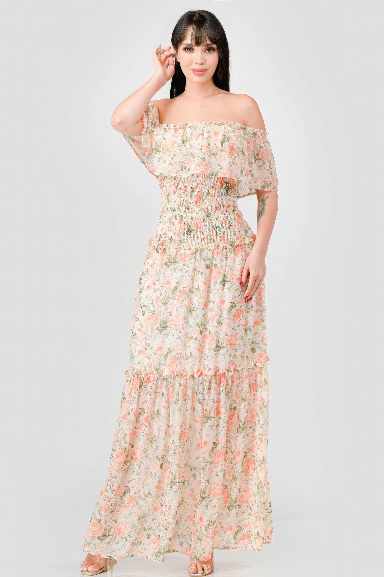 Nirvana Off Shoulder Ruffled Tiered Maxi Dress