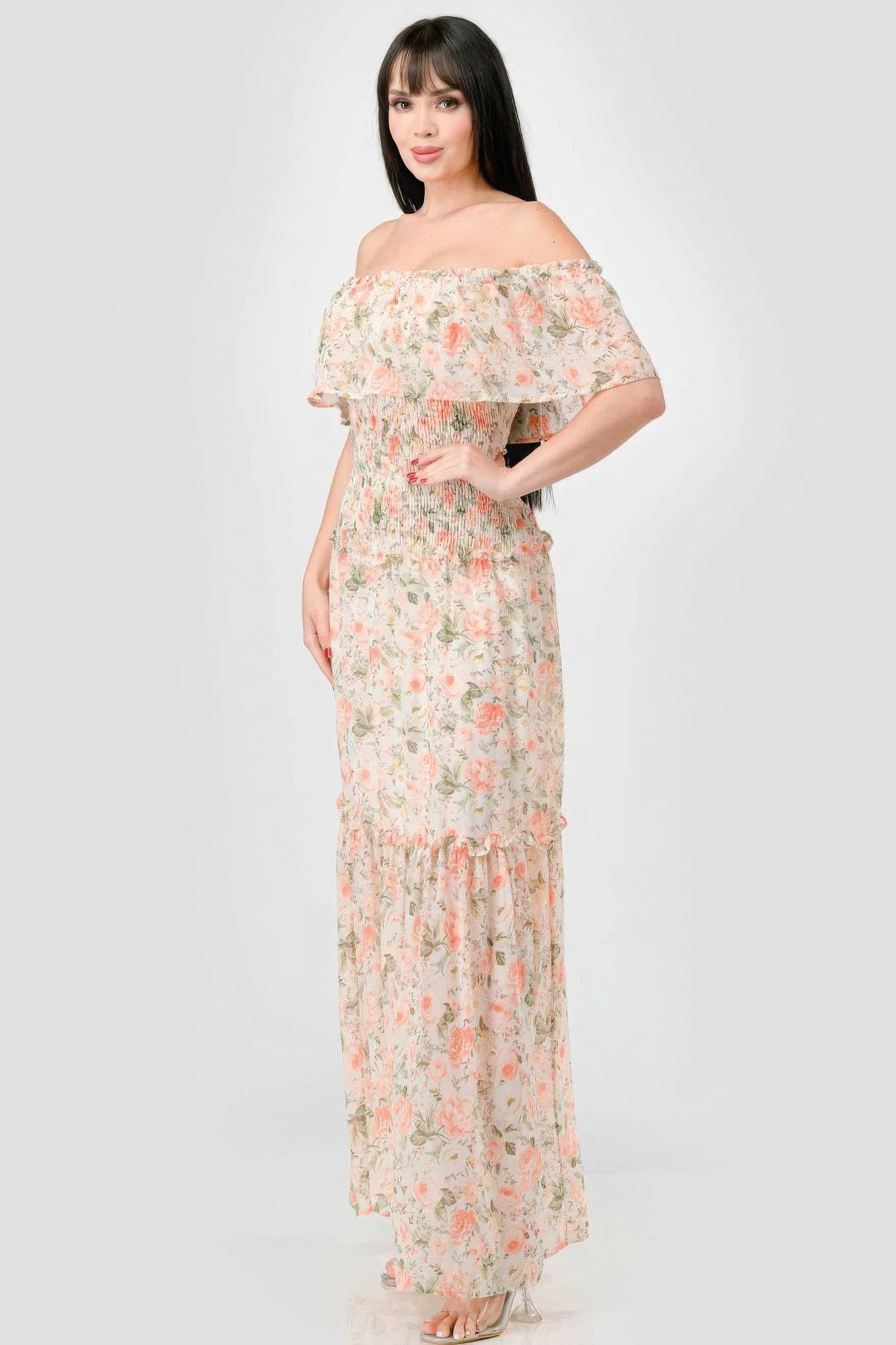 Nirvana Off Shoulder Ruffled Tiered Maxi Dress