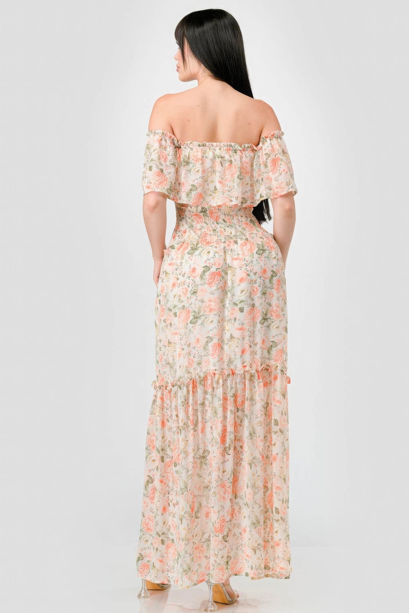 Nirvana Off Shoulder Ruffled Tiered Maxi Dress