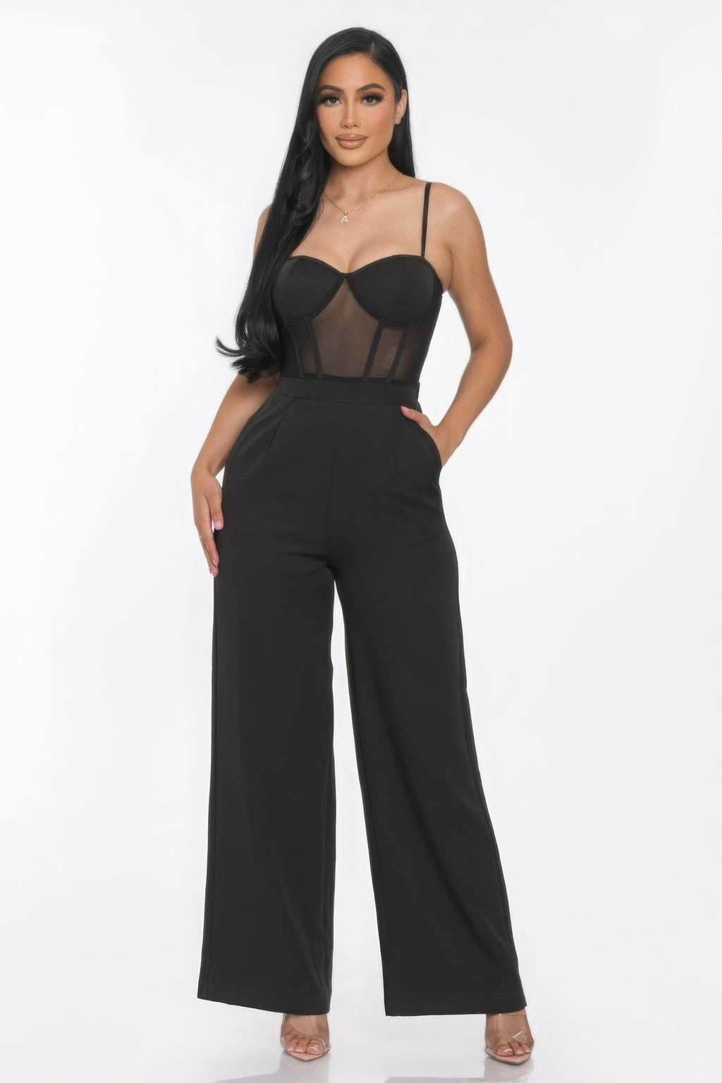Carla Sweetheart Neck Cami Straps Mesh Panel Wide Leg Jumpsuit