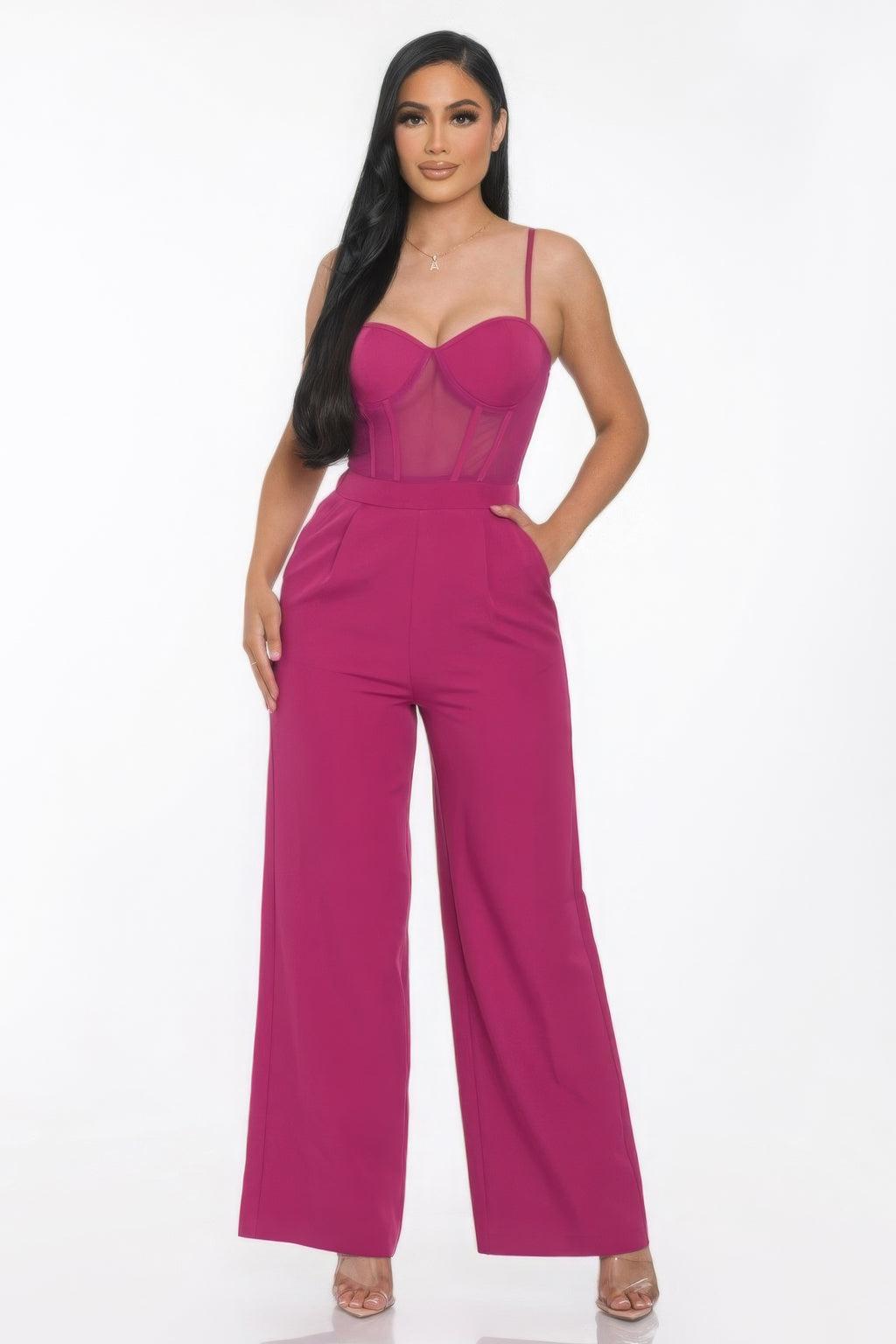 Carla Sweetheart Neck Cami Straps Mesh Panel Wide Leg Jumpsuit