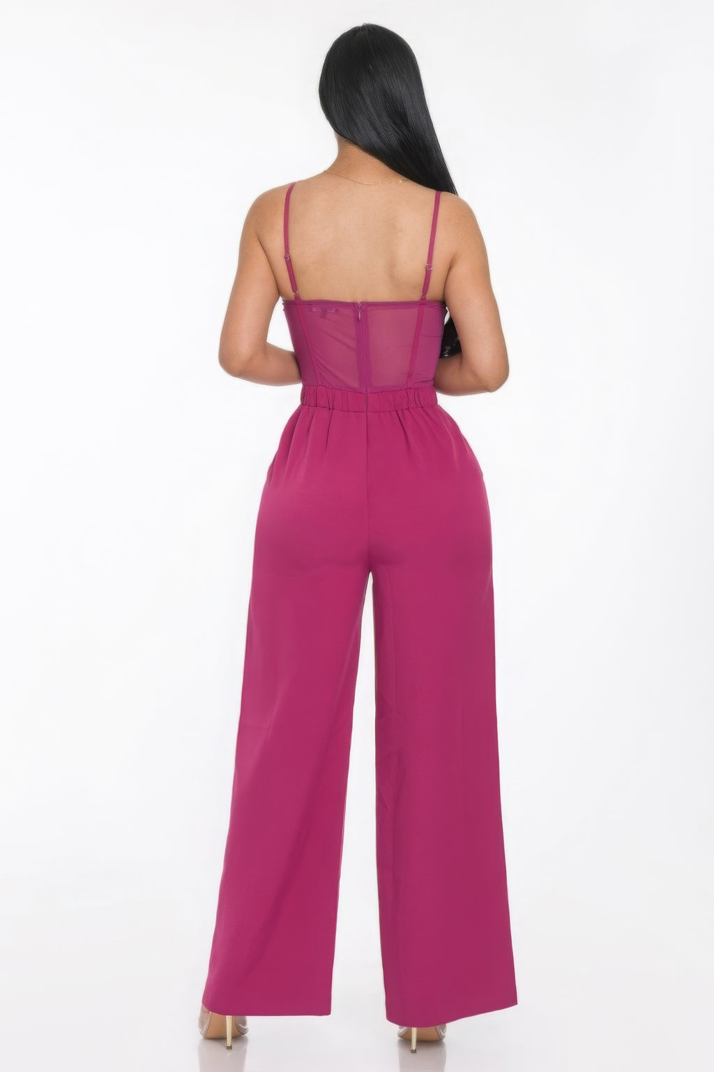 Carla Sweetheart Neck Cami Straps Mesh Panel Wide Leg Jumpsuit