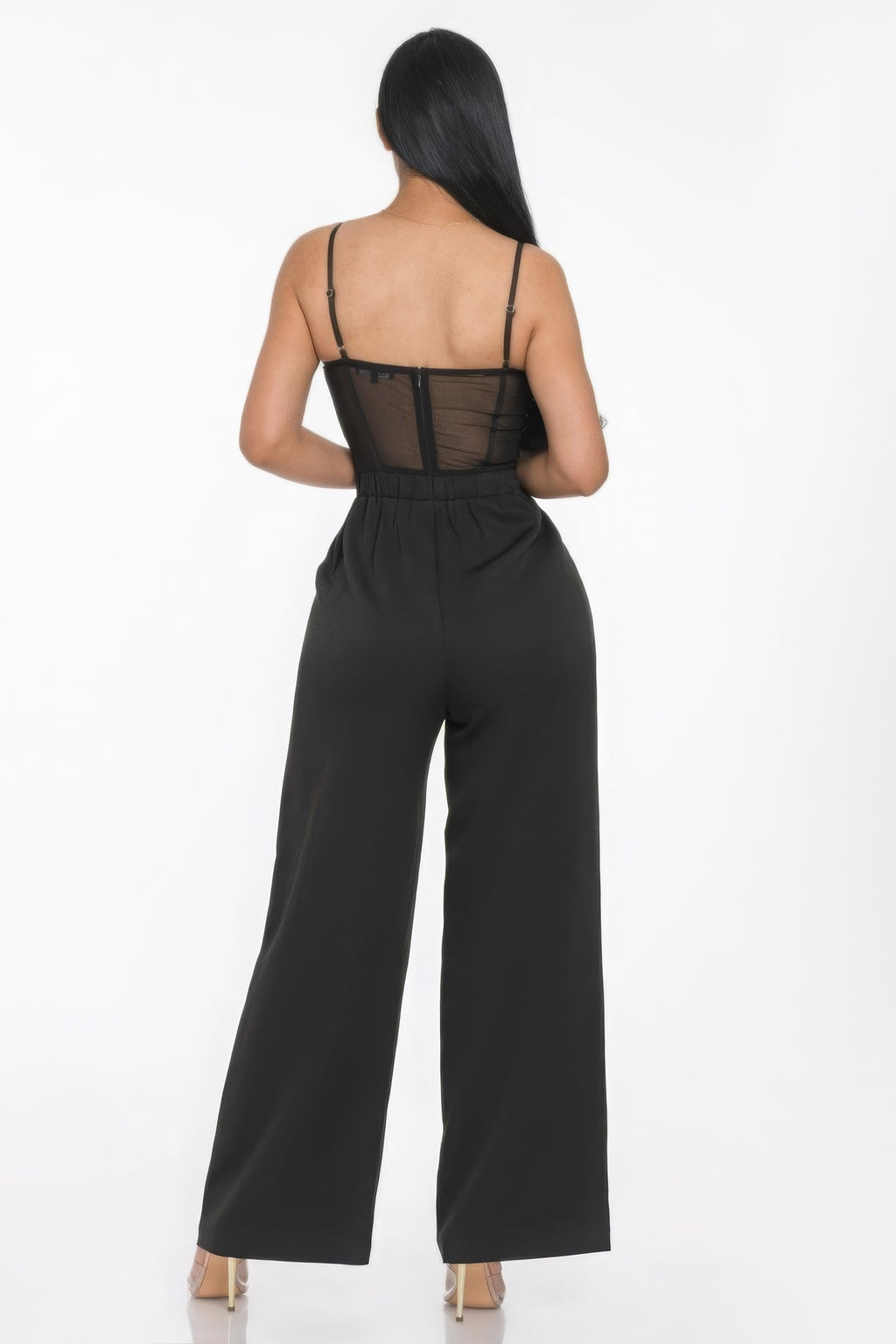 Carla Sweetheart Neck Cami Straps Mesh Panel Wide Leg Jumpsuit