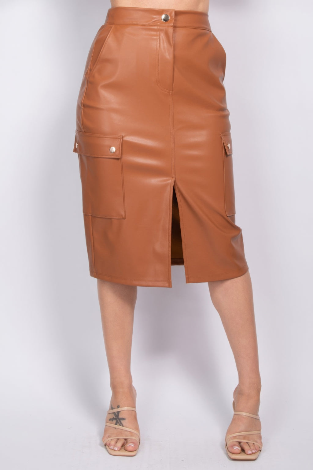 Adalia Faux Leather High Waist Front Slit Cargo Midi Skirt