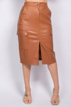 Adalia Faux Leather High Waist Front Slit Cargo Midi Skirt
