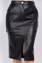 Adalia Faux Leather High Waist Front Slit Cargo Midi Skirt