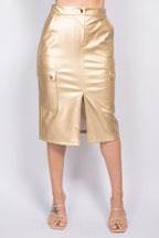 Adalia Faux Leather High Waist Front Slit Cargo Midi Skirt