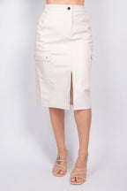 Adalia Faux Leather High Waist Front Slit Cargo Midi Skirt