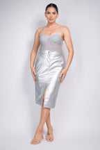 Adalia Faux Leather High Waist Front Slit Cargo Midi Skirt