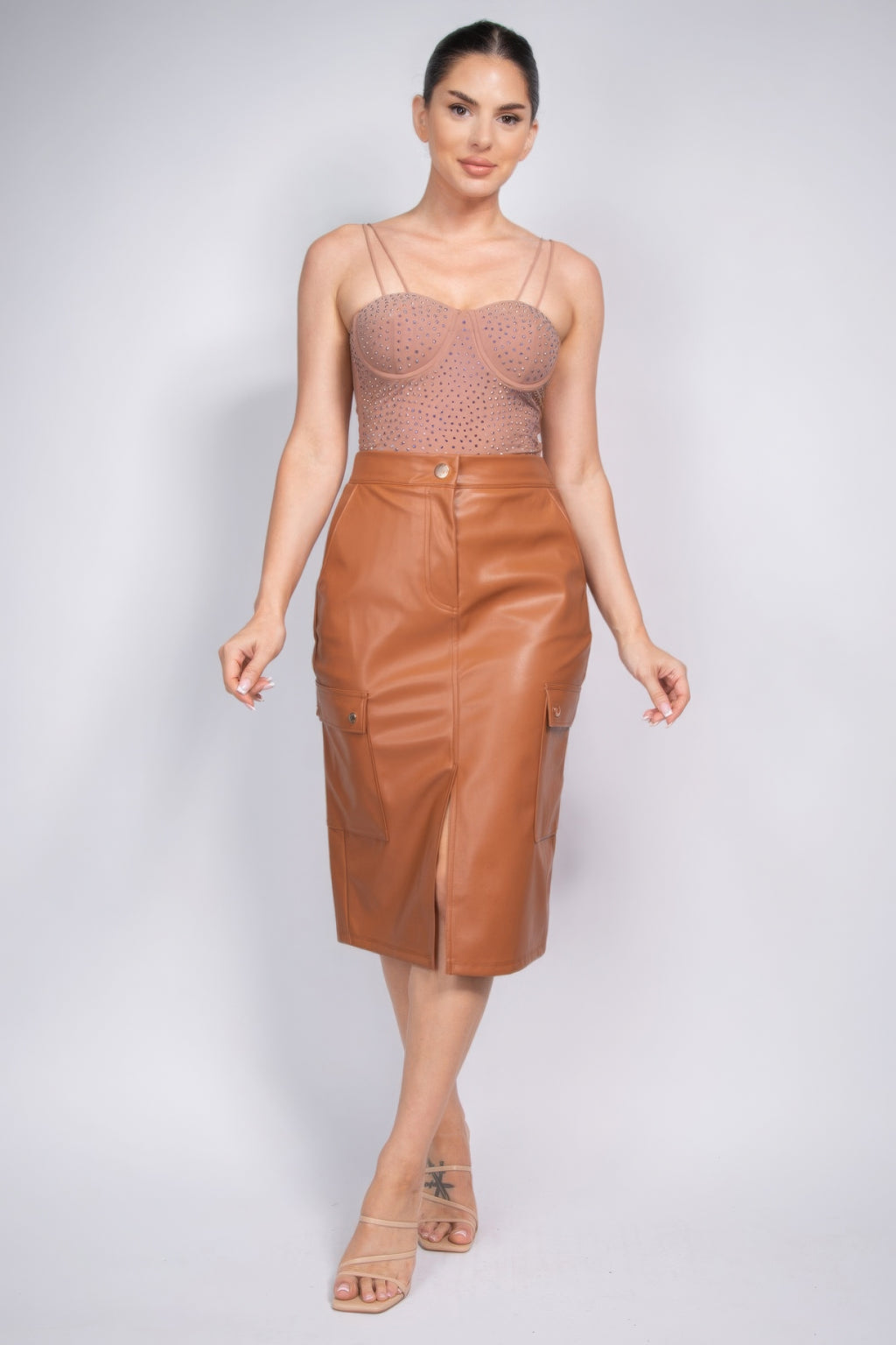Adalia Faux Leather High Waist Front Slit Cargo Midi Skirt