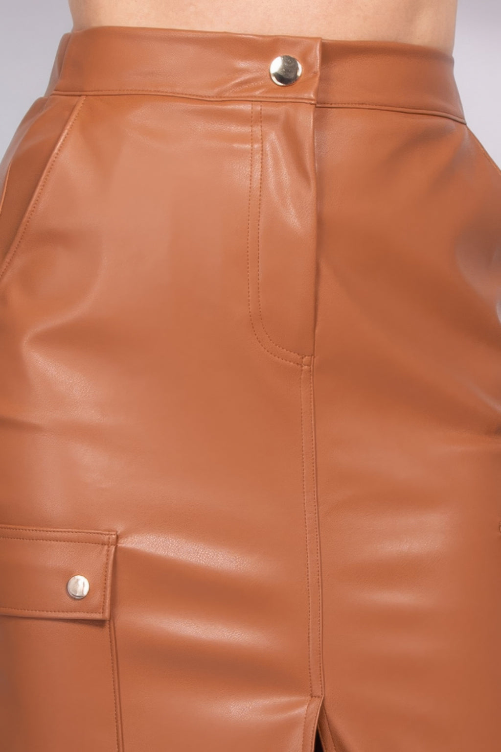 Adalia Faux Leather High Waist Front Slit Cargo Midi Skirt