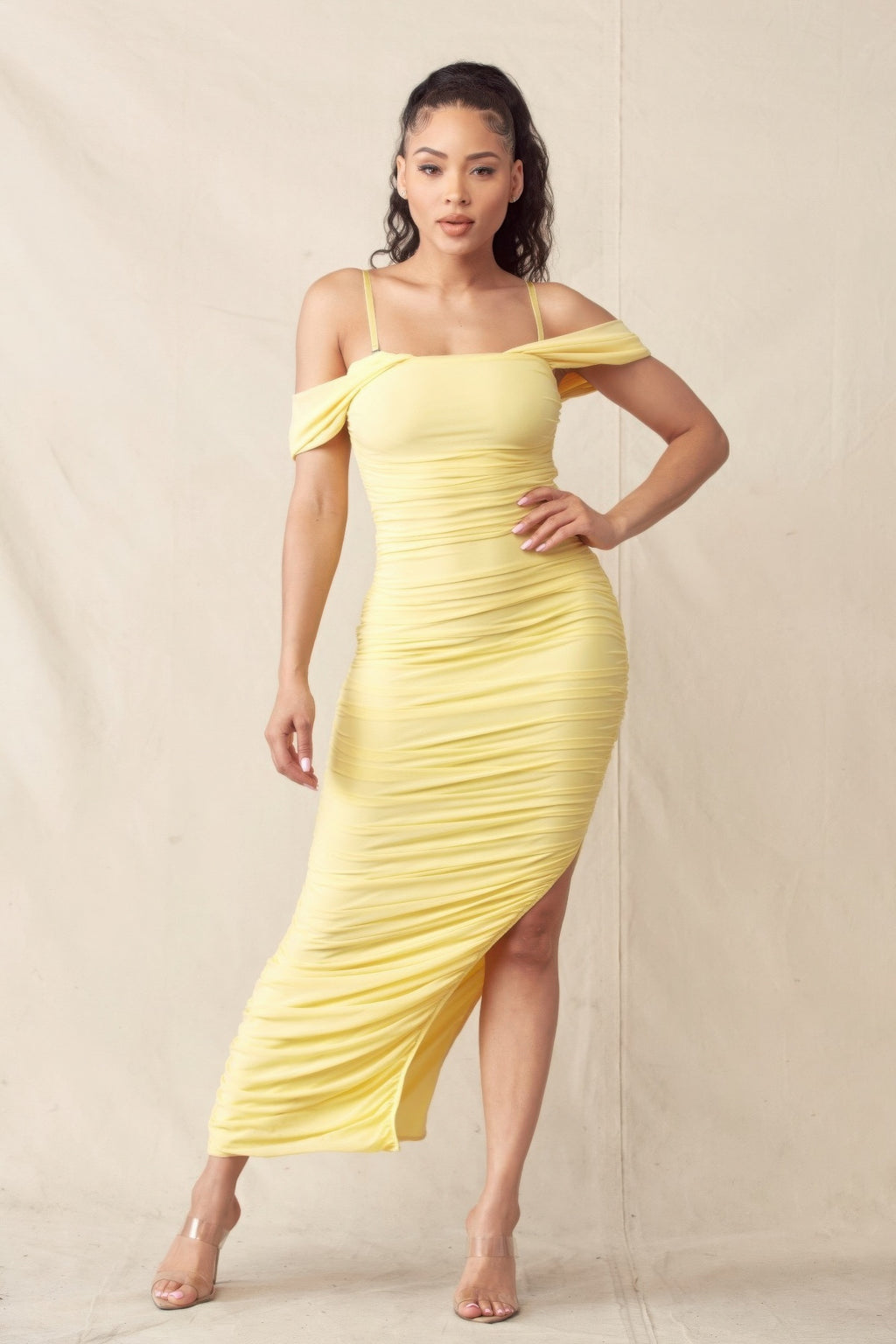 Dreamy Off The Shoulder High Slit Ruched Mesh Midi Dress