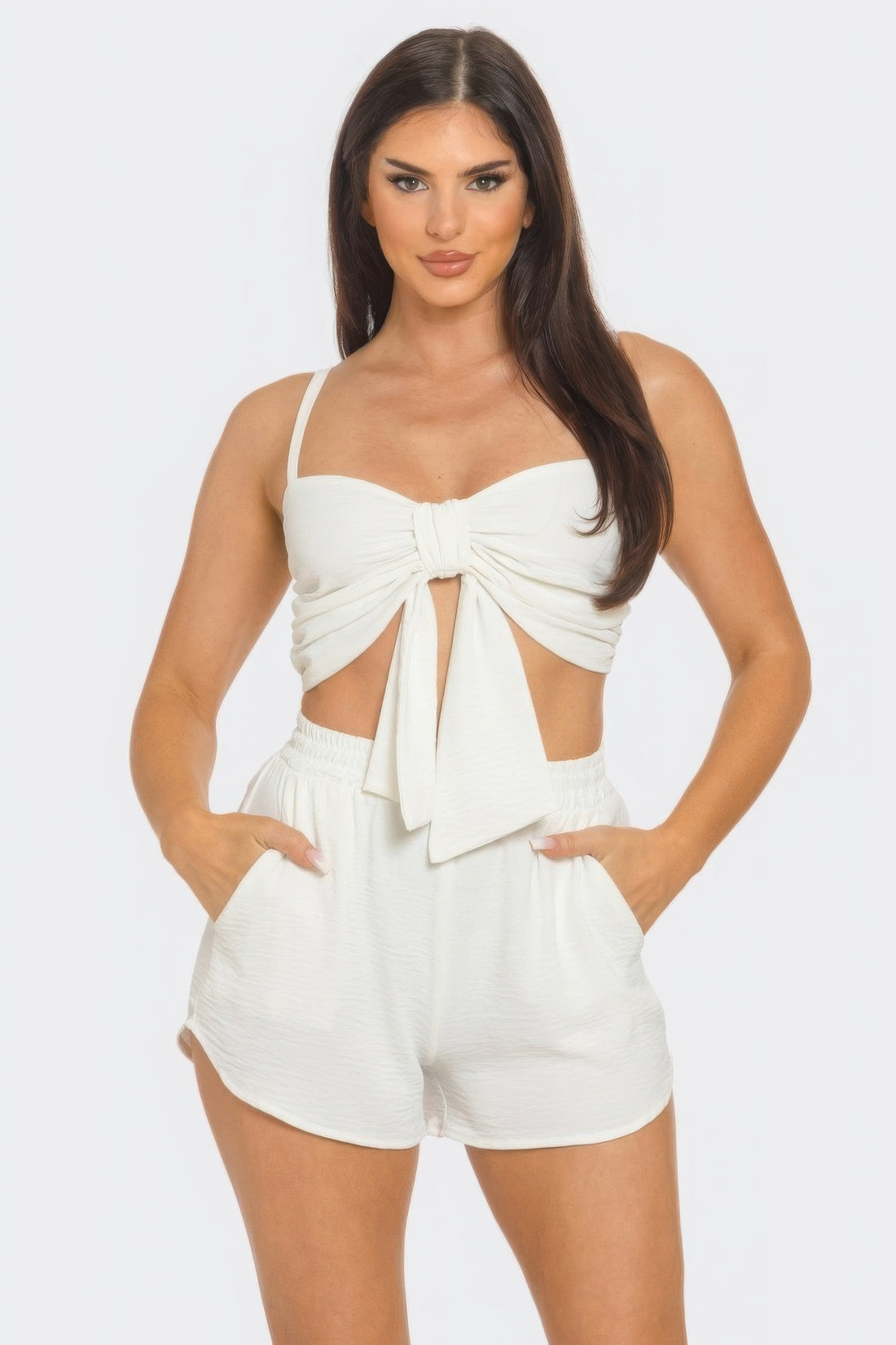 Stacy Twisted Front Bow Crop Top &amp; Shorts Set