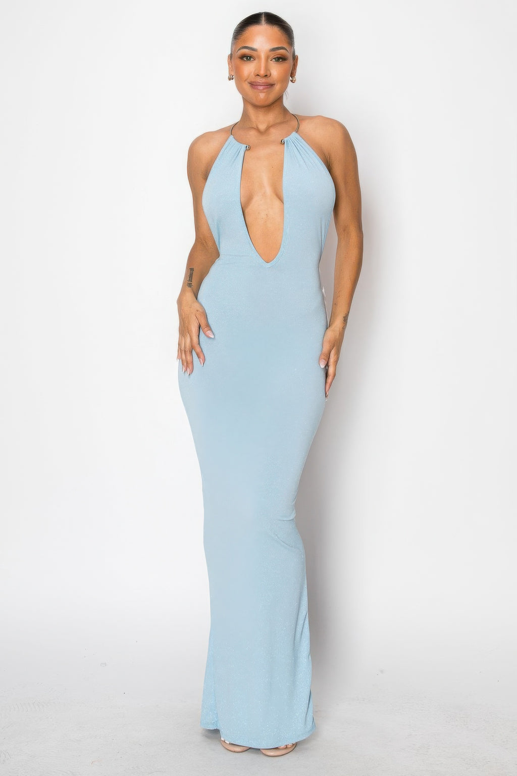 Pamela Shimmer Knit Plunge Neck Open Back Halter Maxi Dress