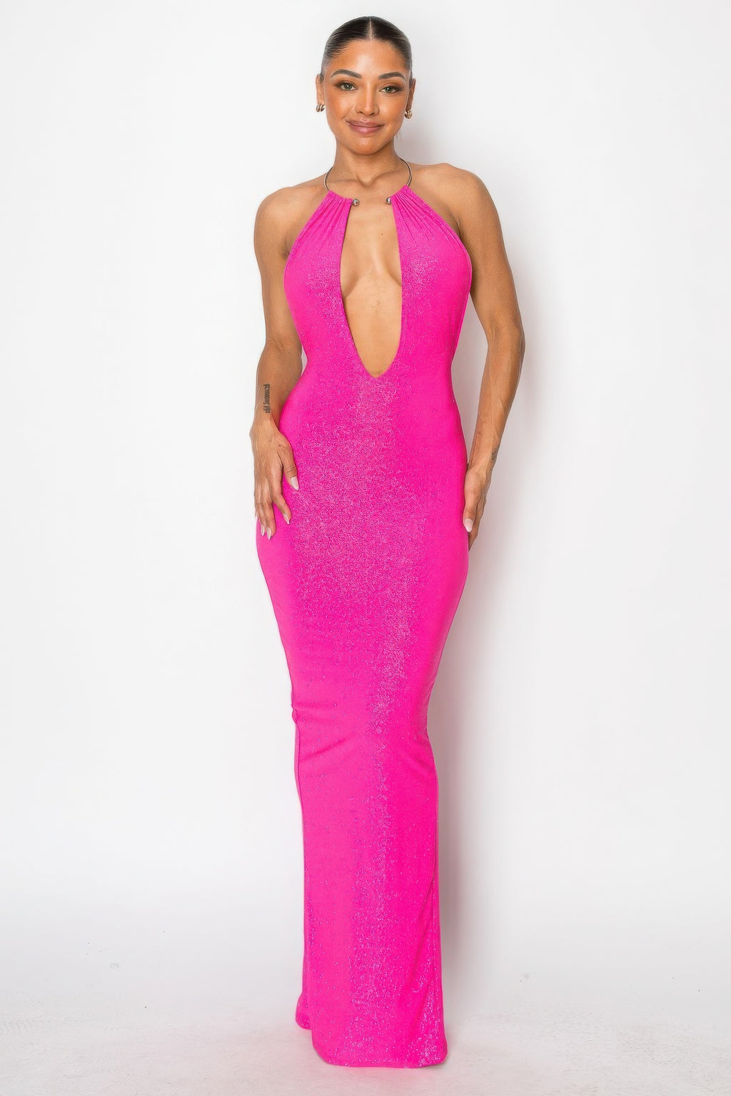 Pamela Shimmer Knit Plunge Neck Open Back Halter Maxi Dress
