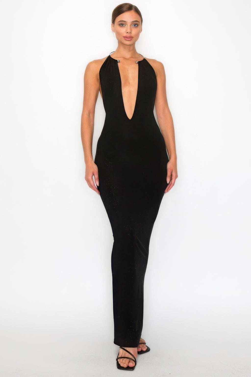 Pamela Shimmer Knit Plunge Neck Open Back Halter Maxi Dress