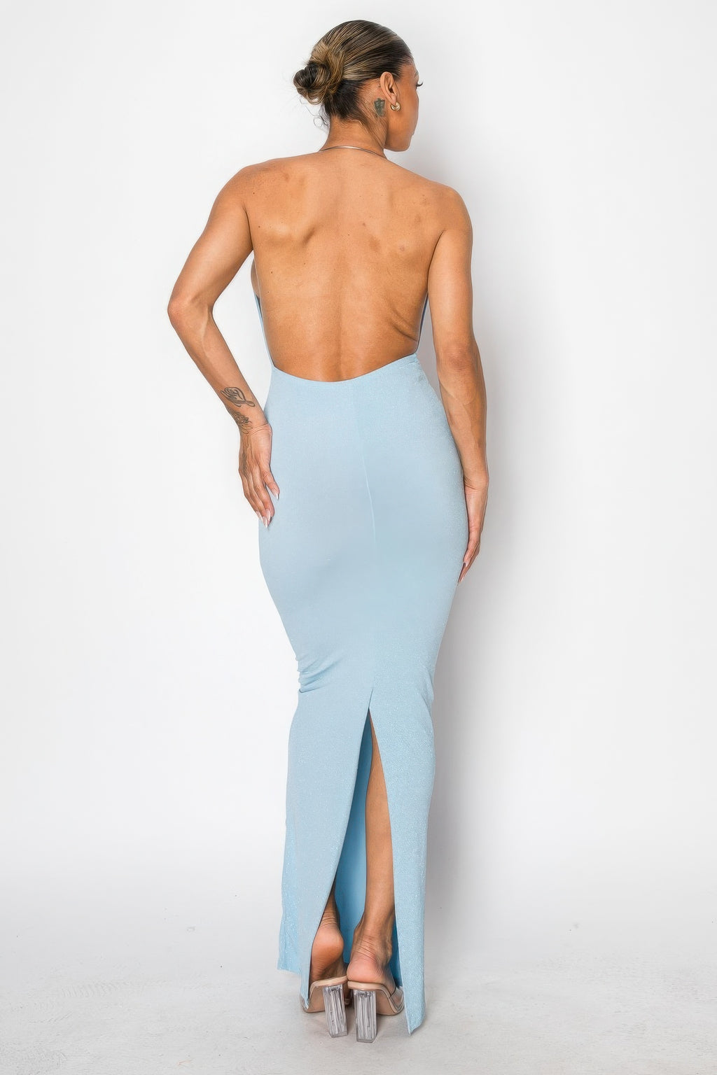 Pamela Shimmer Knit Plunge Neck Open Back Halter Maxi Dress