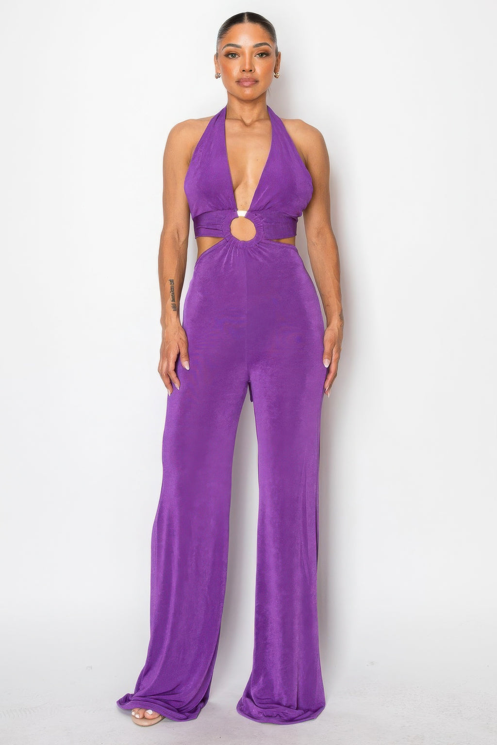 Tinah Deep V O Ring Cut Out Slinky Shimmer Knit Wide Leg Jumpsuit