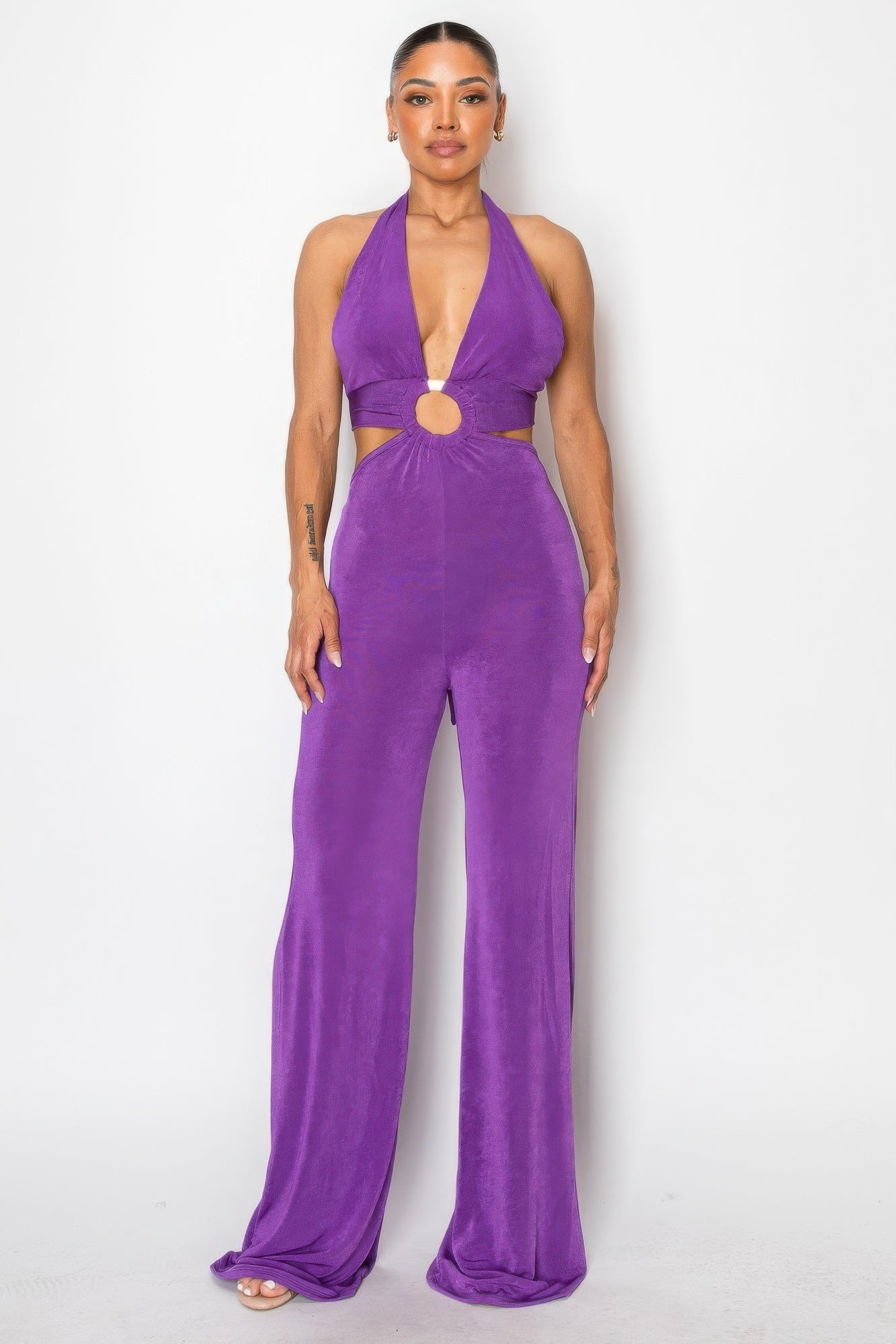 Tinah O Ring Deep V Cut Out Slinky Bodycon Jumpsuit