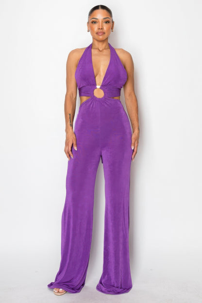 Tinah O Ring Deep V Cut Out Slinky Bodycon Jumpsuit