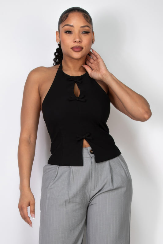 Casual Basics Halter Ribbon Detail Open Back Top