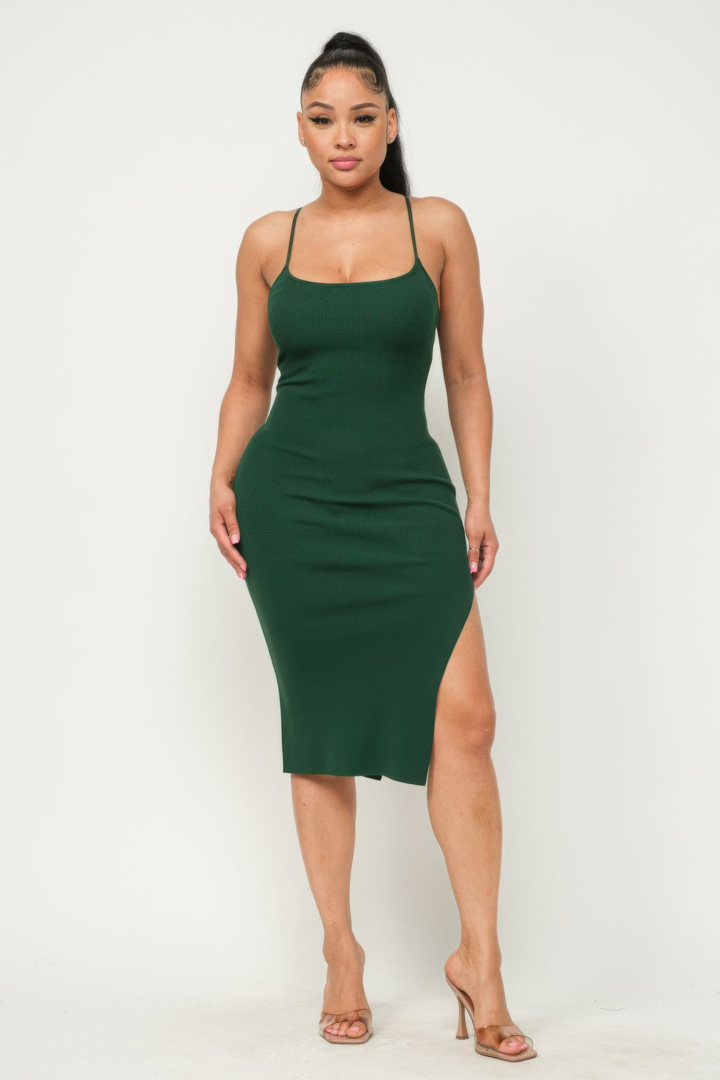 Casual Chic Rib Knit Front Slit Cami Midi Dress