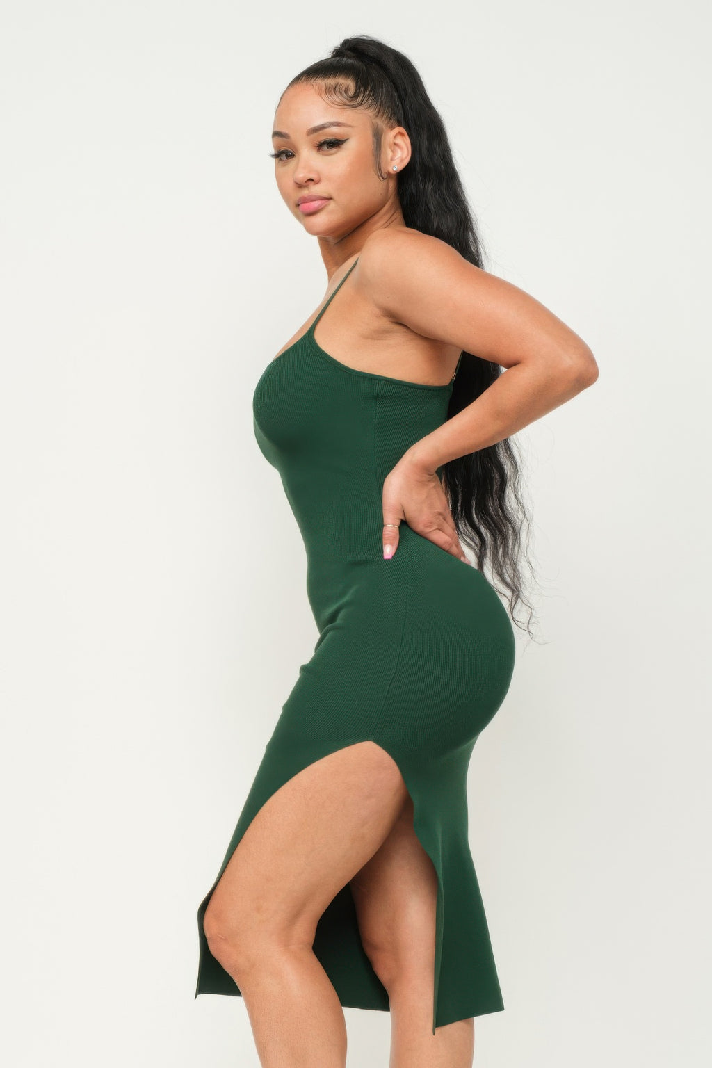 Casual Chic Rib Knit Front Slit Cami Midi Dress