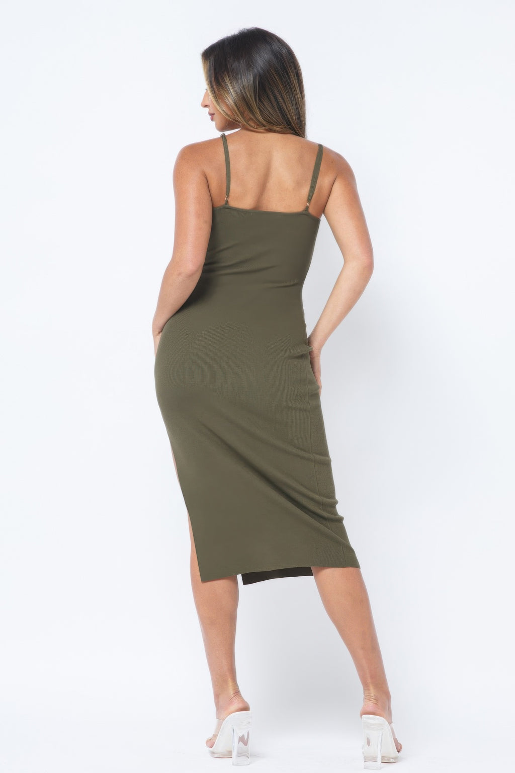 Casual Chic Rib Knit Front Slit Cami Midi Dress