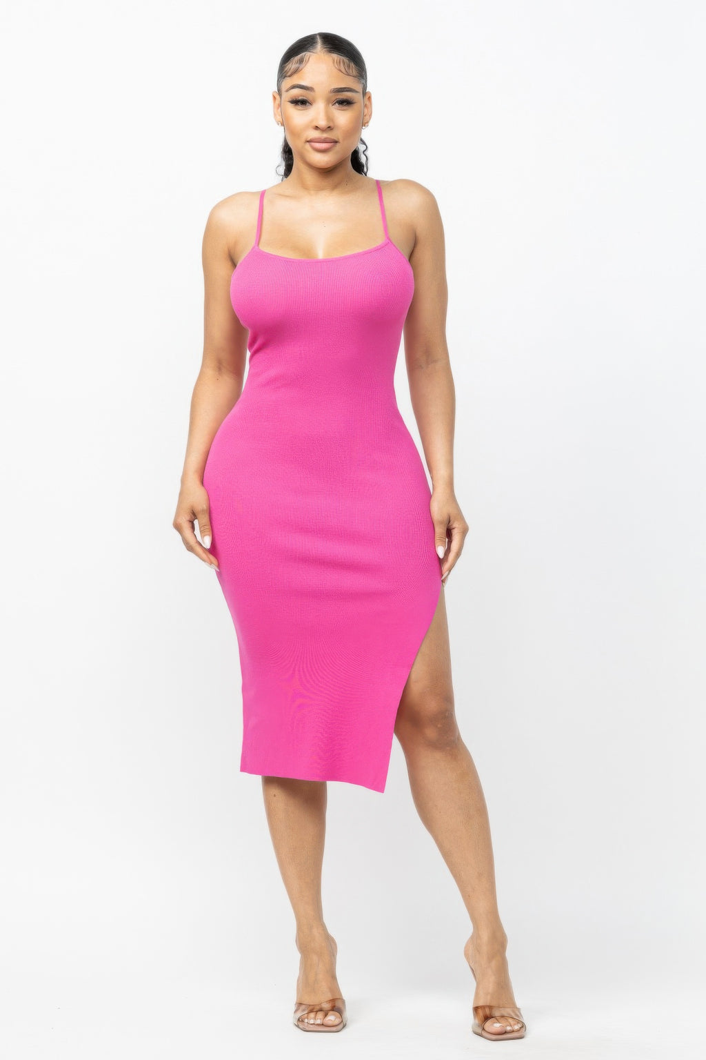 Casual Chic Rib Knit Front Slit Cami Midi Dress