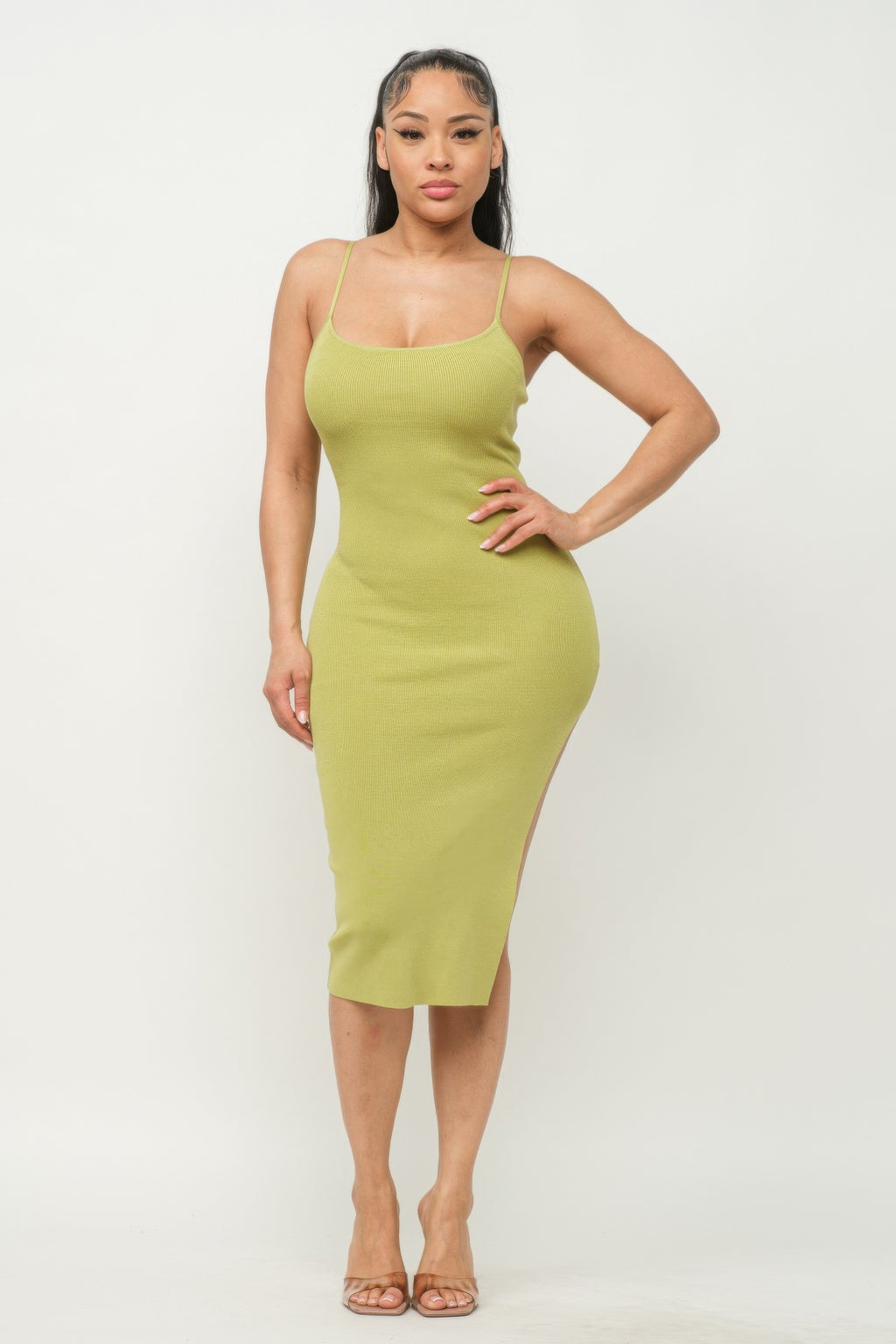 Casual Chic Rib Knit Front Slit Cami Midi Dress