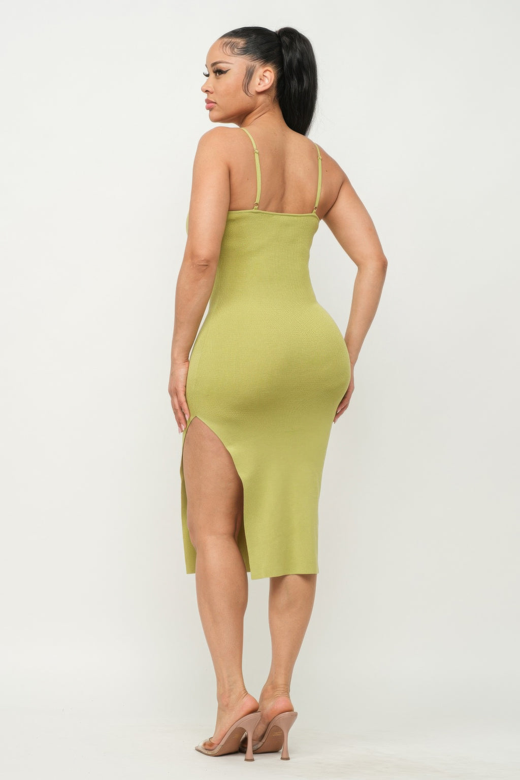 Casual Chic Rib Knit Front Slit Cami Midi Dress