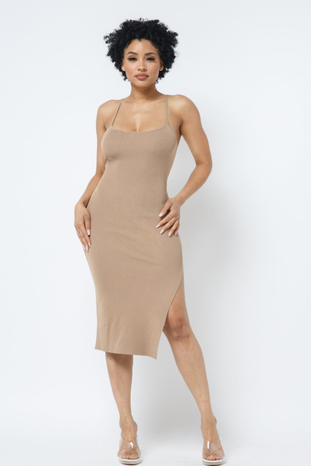Casual Chic Rib Knit Front Slit Cami Midi Dress